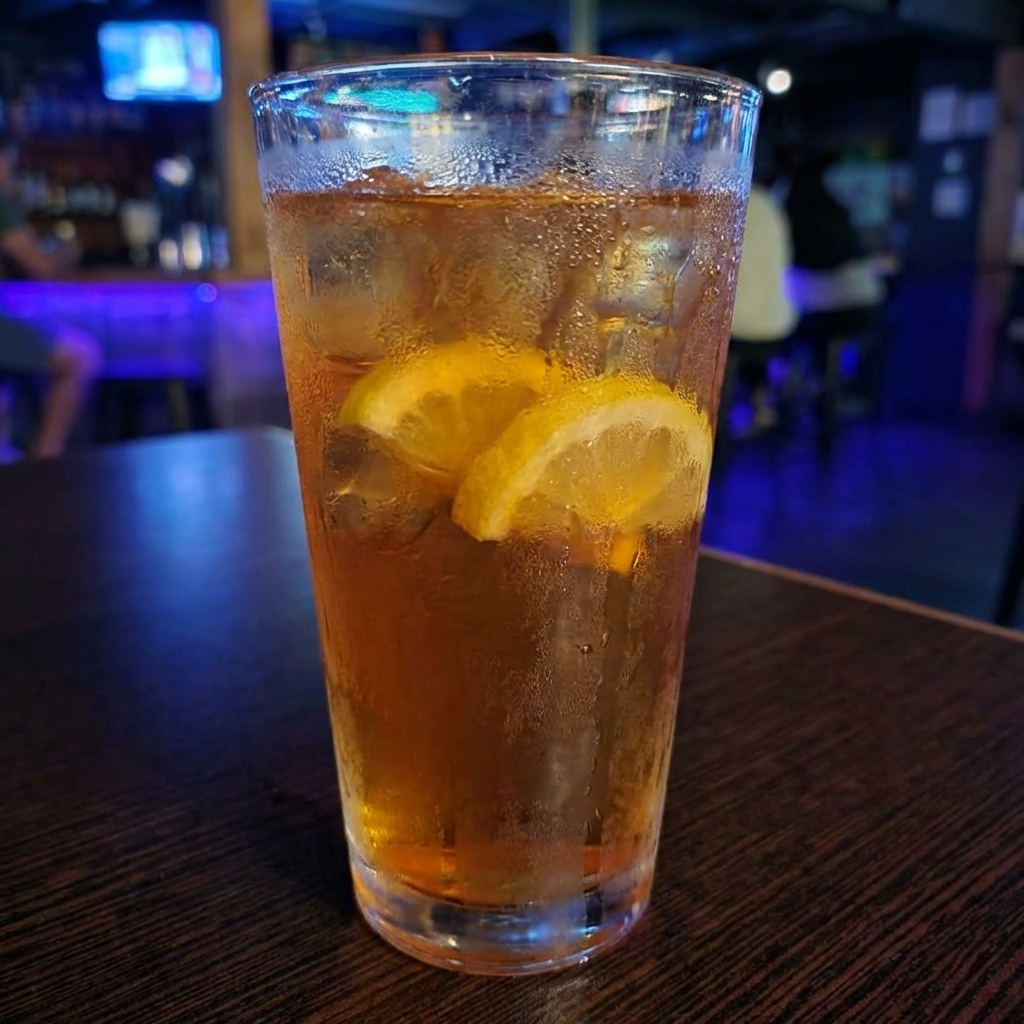 A glass of iced tea with lemon slices and condensation on the glass
