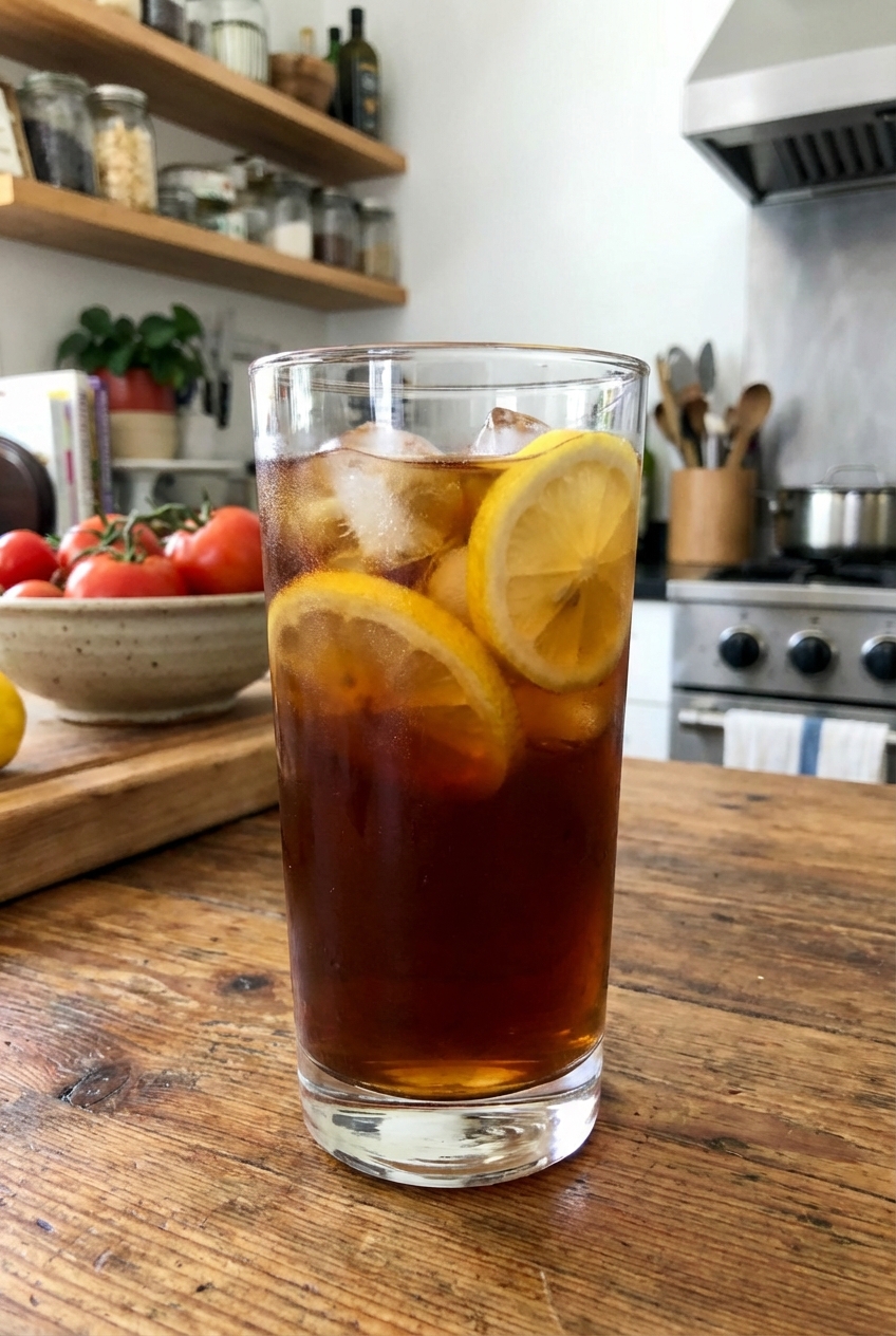 A glass of iced tea with lemon slices on a kitchen counter