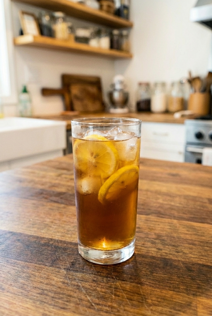 A glass of iced tea with lemon slices on a kitchen table