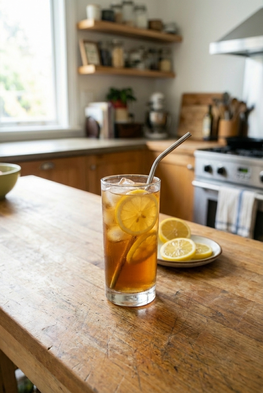 A glass of iced tea with lemon slices on a table