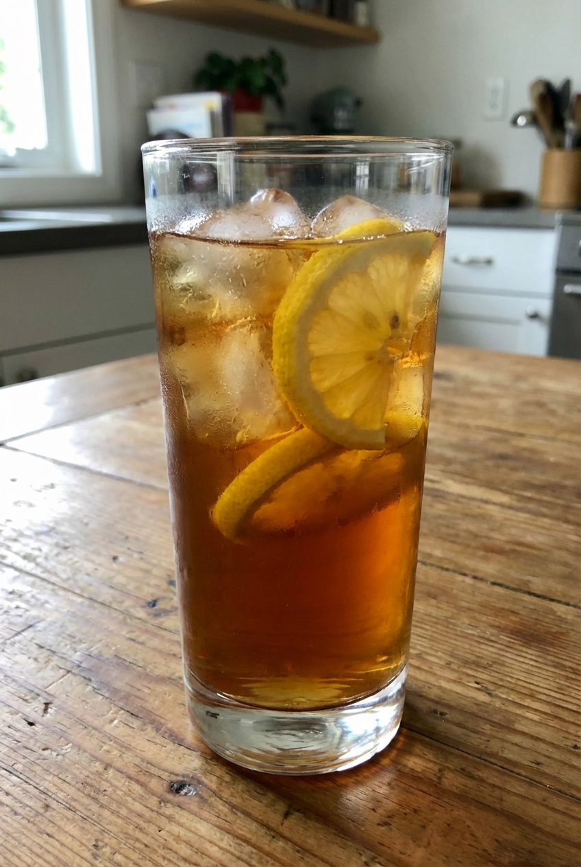 A glass of iced tea with lemon slices on a table