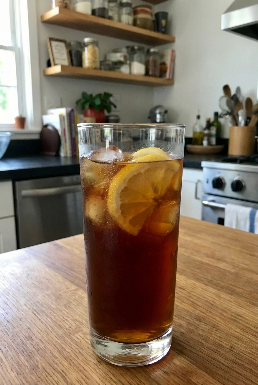 A glass of iced tea with lemon slices