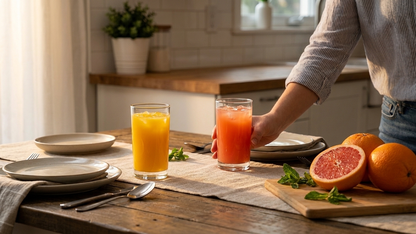 A glass of orange and grapefruit juice on a dinner table with a simple neutral table setting in soft evening light