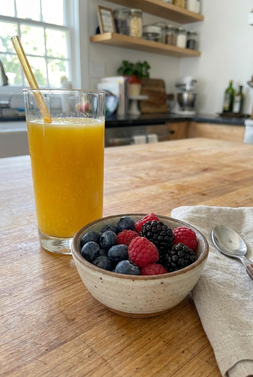 A glass of orange juice next to a small bowl of fresh berries on a breakfast table