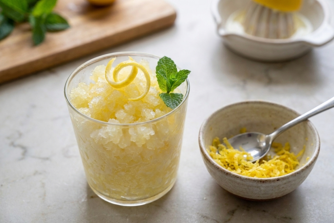 A glass of pale yellow lemon granita with fluffy ice crystals, garnished with a lemon twist on a light stone kitchen counter