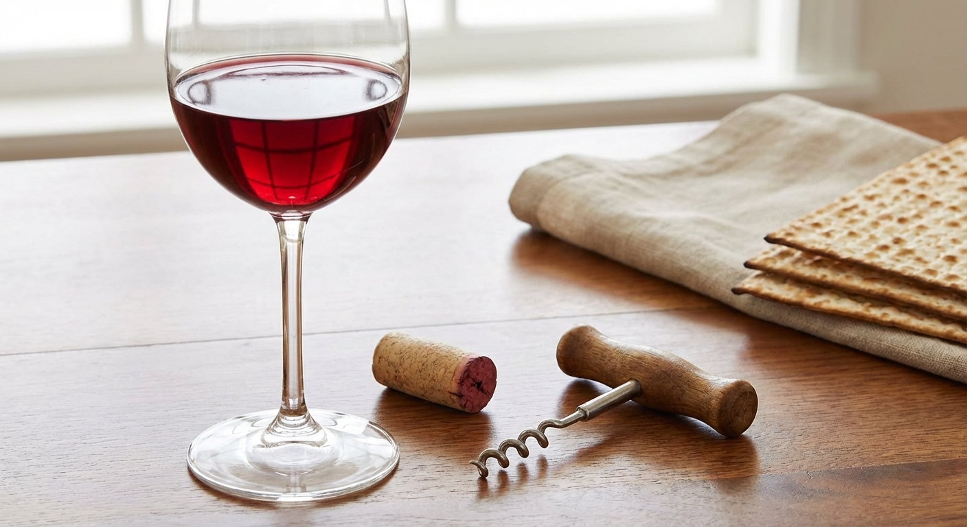 A glass of red wine on a table next to a cork and corkscrew