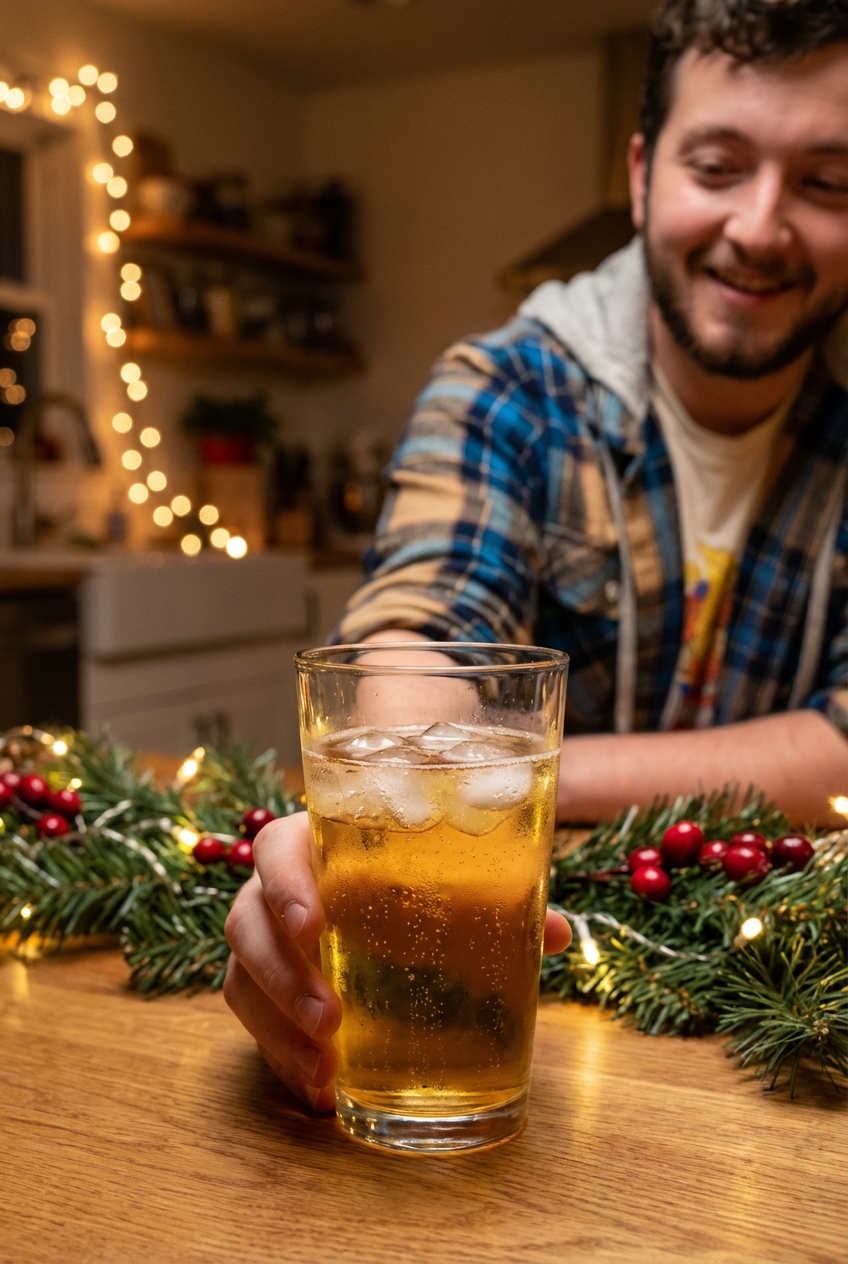 A glass of sparkling cider with ice on a festive table