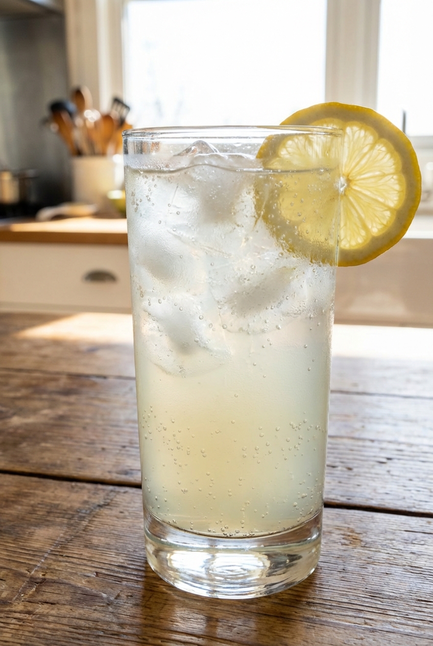 A glass of sparkling lemonade with ice and a lemon slice on a bright table