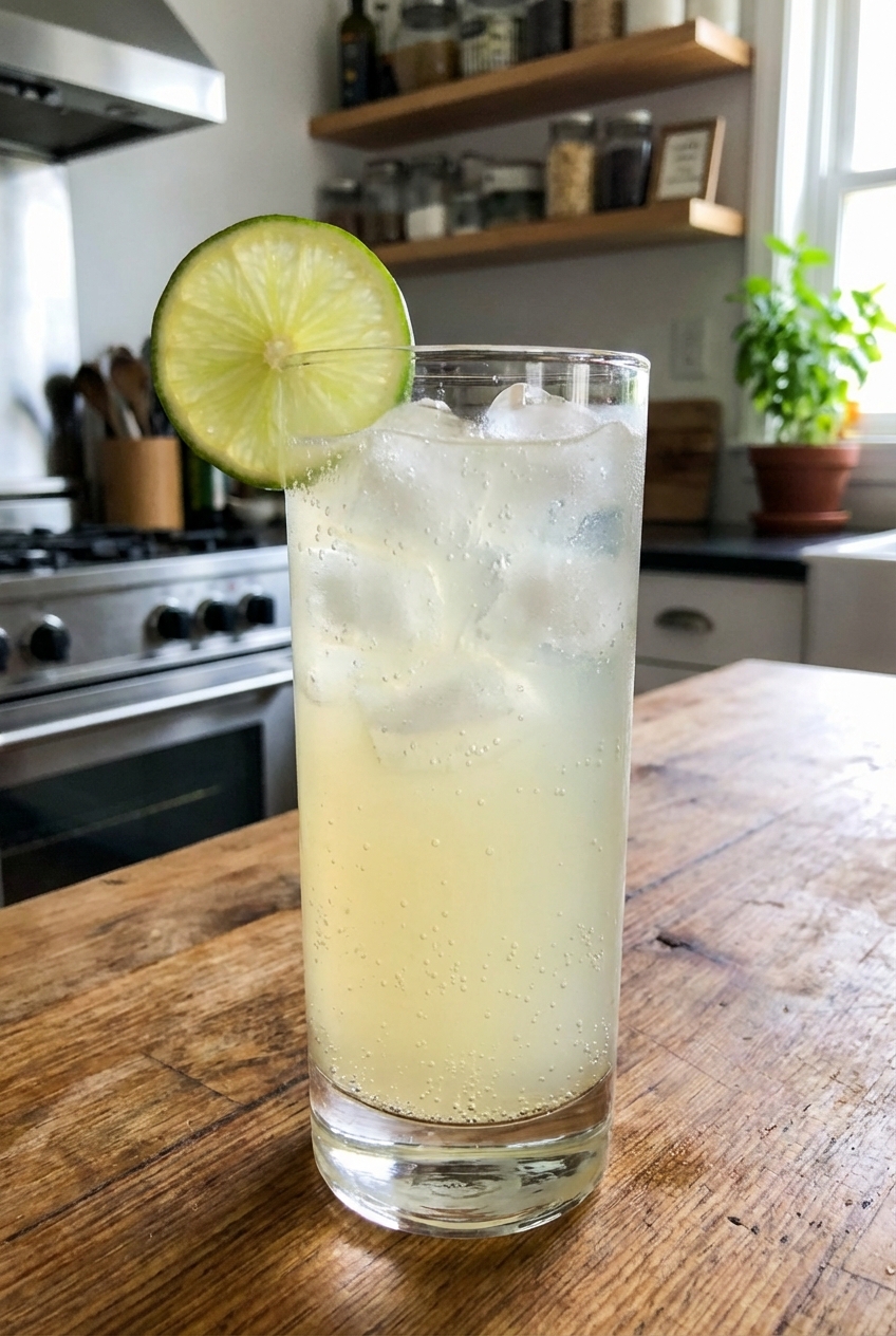 A glass of sparkling lemonade with ice and a slice of lime on a kitchen counter