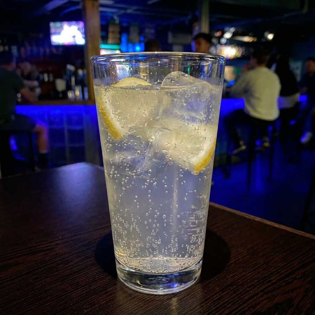 A glass of sparkling lemonade with lemon slices and ice