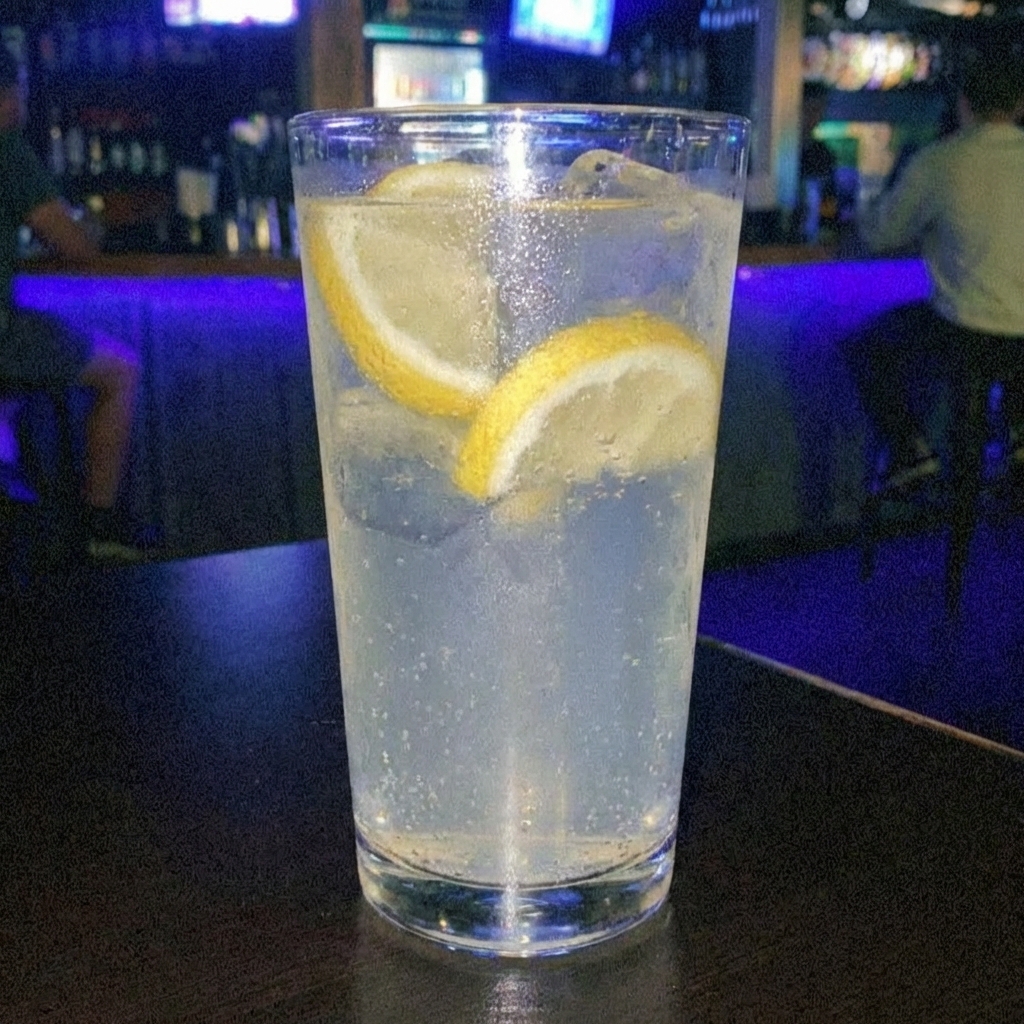 A glass of sparkling lemonade with lemon slices and ice