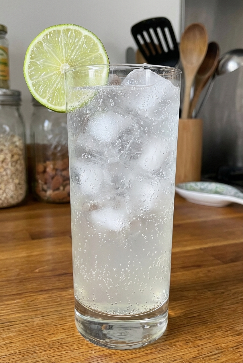 A glass of sparkling lime agua fresca with ice and a lime wheel