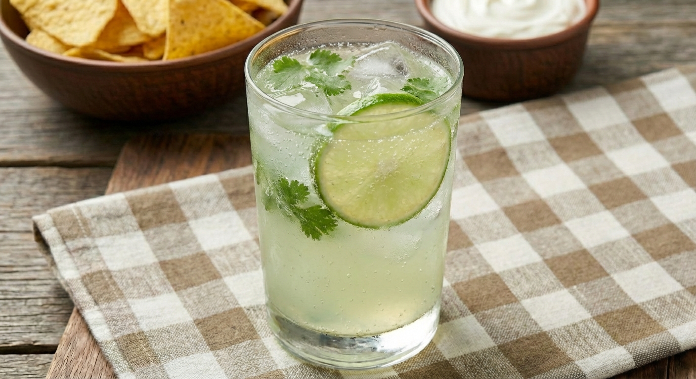 A glass of sparkling lime agua fresca with ice and a lime wheel