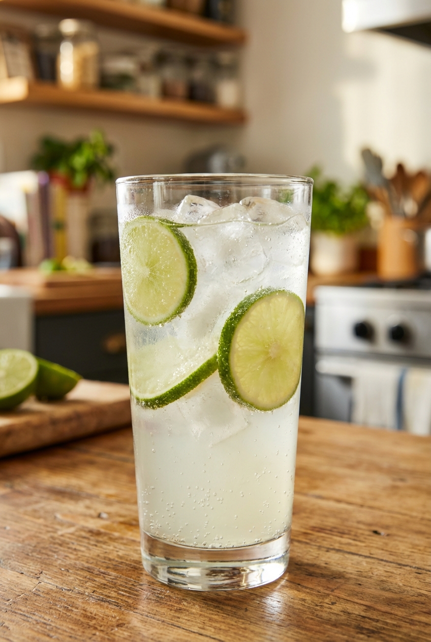A glass of sparkling limeade with ice and lime slices on a kitchen counter