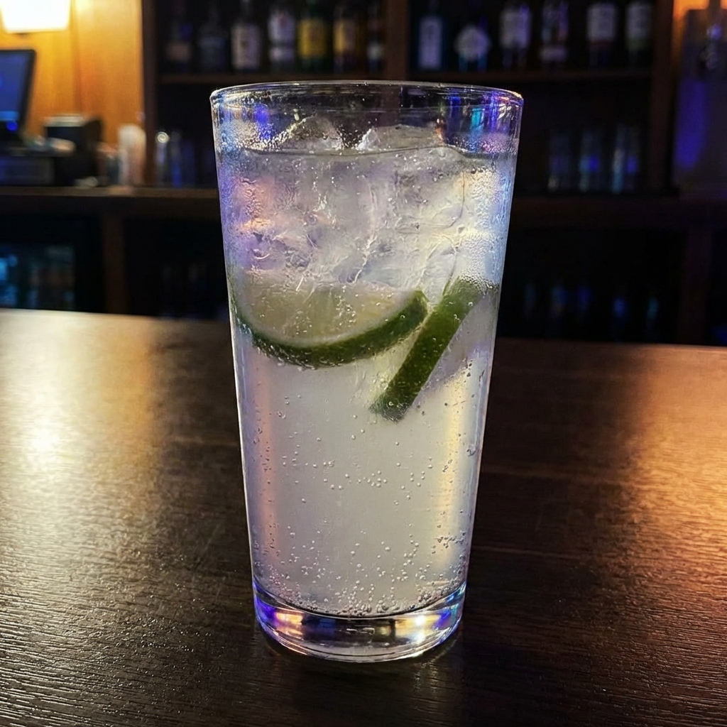 A glass of sparkling limeade with ice on a table