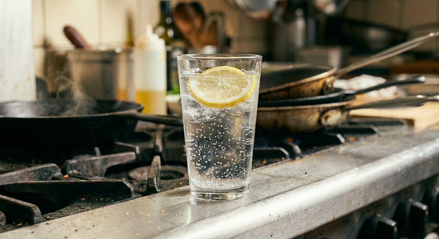 A glass of sparkling water with a lemon slice on a kitchen counter