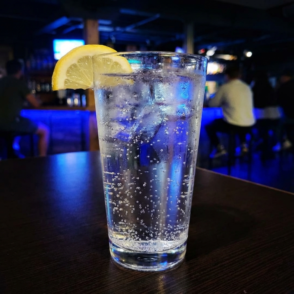A glass of sparkling water with a lemon wedge
