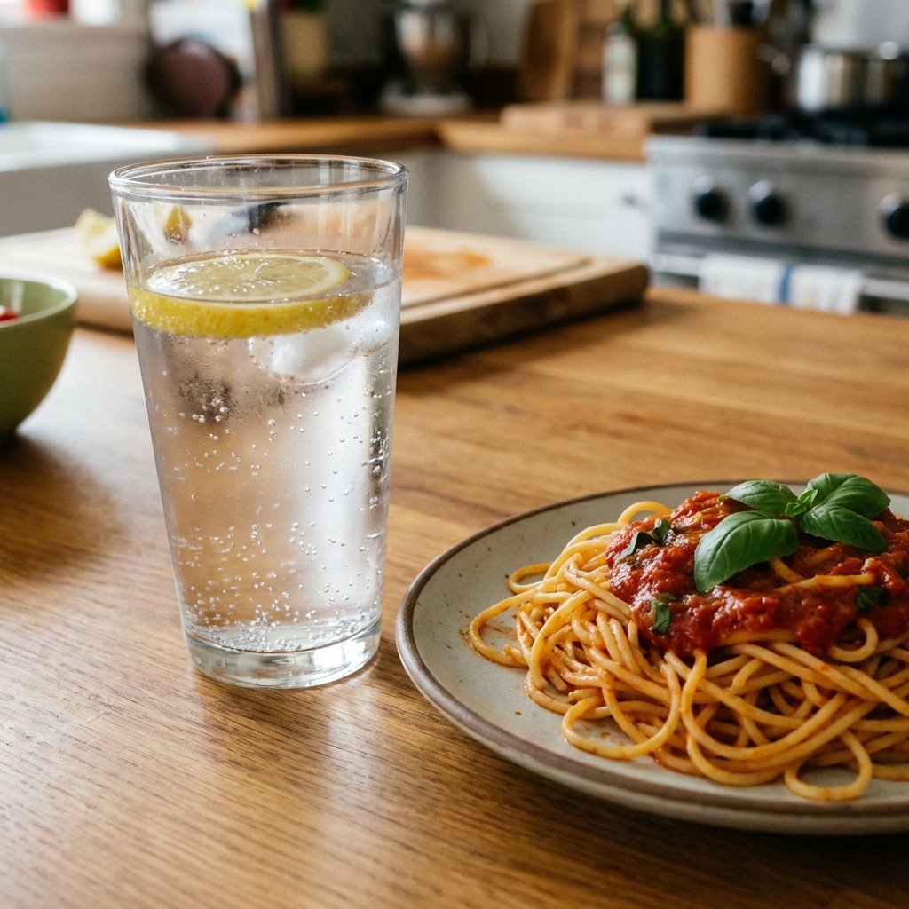 A glass of sparkling water with lemon next to a plate of pasta