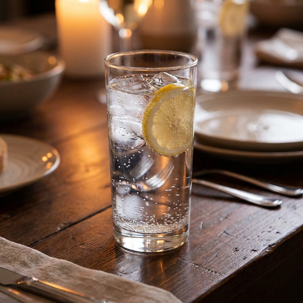 A glass of sparkling water with lemon on a dinner table