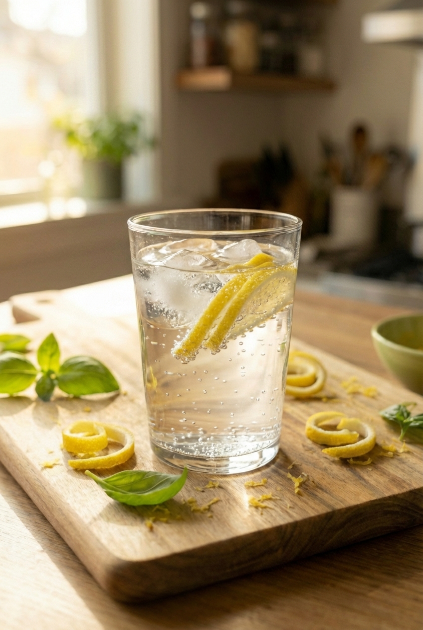 A glass of sparkling water with lemon peel twists