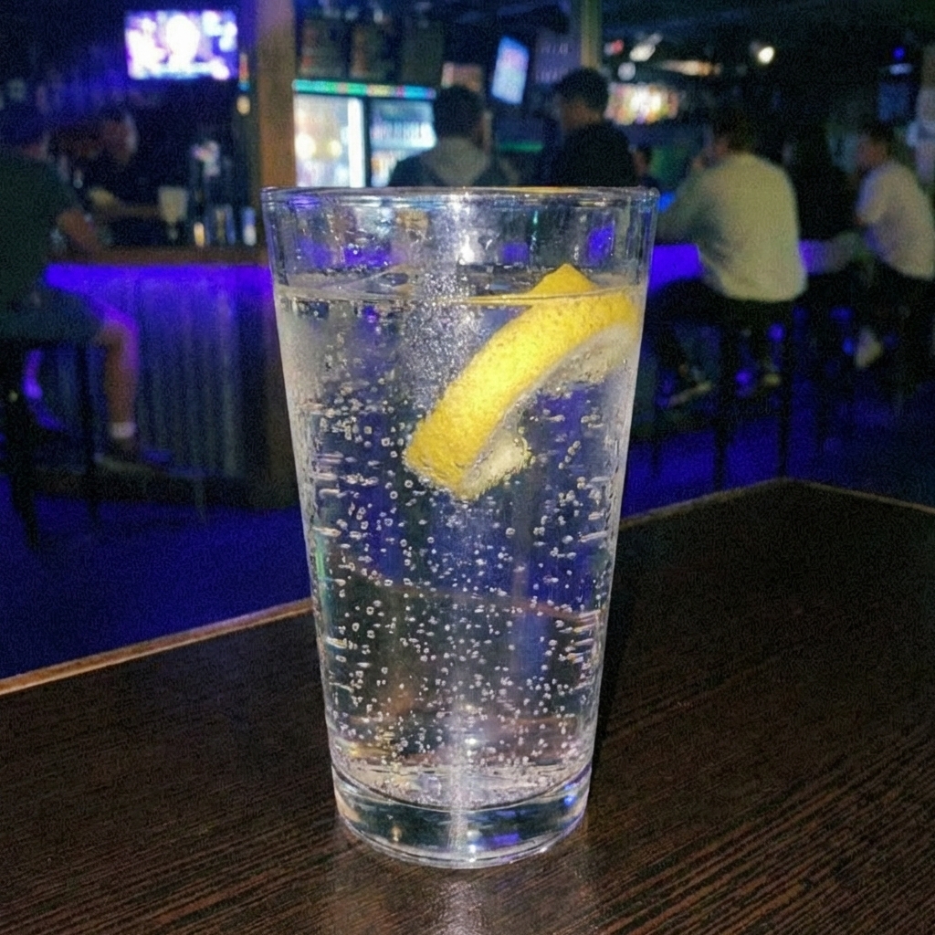 A glass of sparkling water with lemon peel