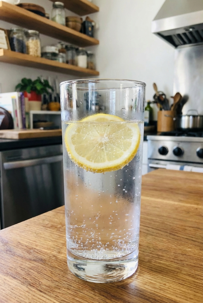 A glass of sparkling water with lemon slice on a kitchen counter
