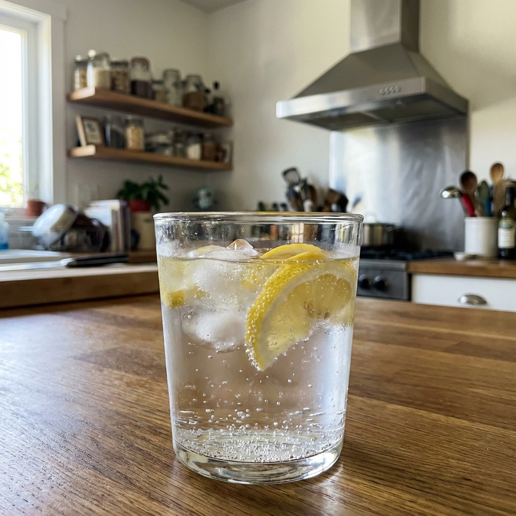A glass of sparkling water with lemon slices and ice on a kitchen counter