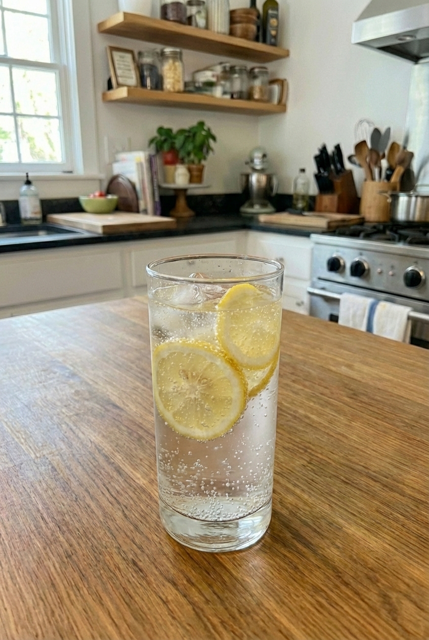A glass of sparkling water with lemon slices on a kitchen counter