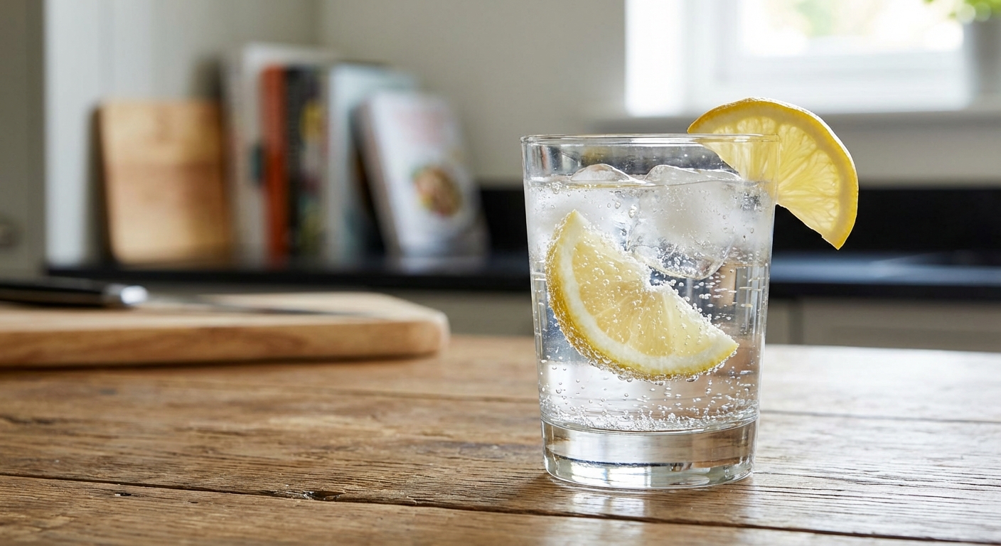A glass of sparkling water with lemon wedge on a table