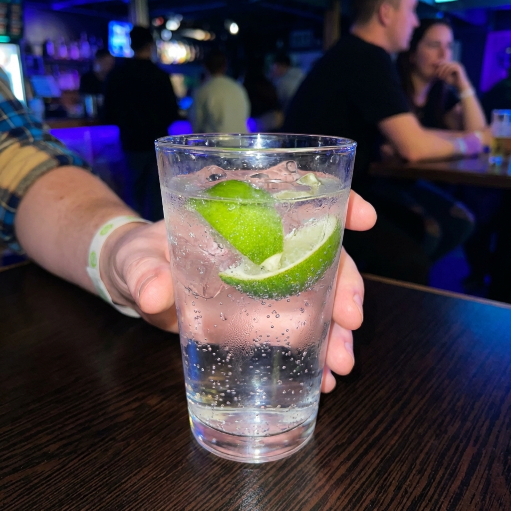 A glass of sparkling water with lime wedges and ice