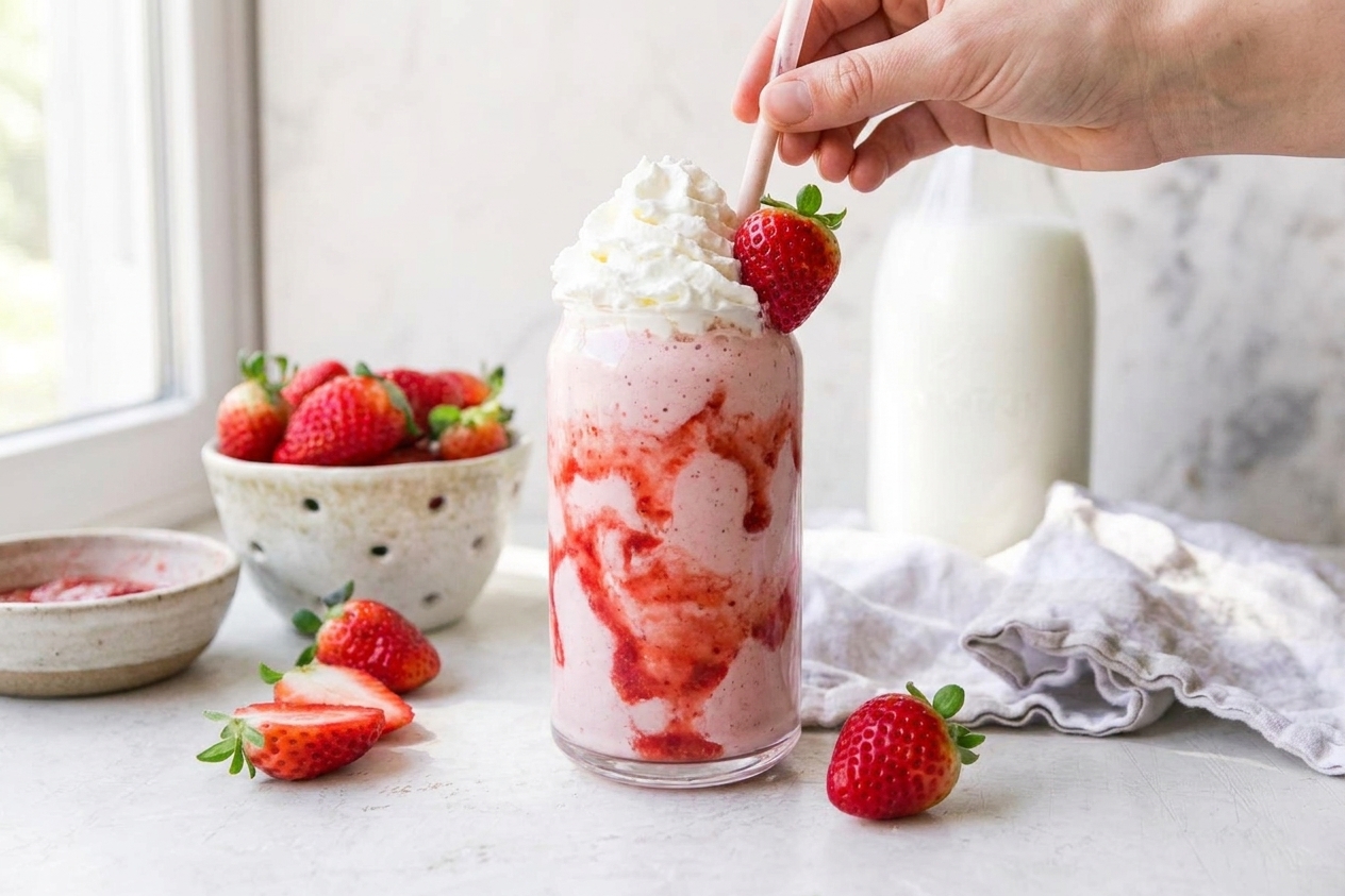 A glass of strawberry milkshake with visible strawberry swirls and a dollop of whipped cream on top sitting on a kitchen counter