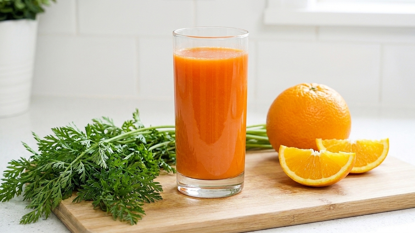 A glass of vivid orange carrot citrus juice with carrot tops and an orange on a wooden cutting board