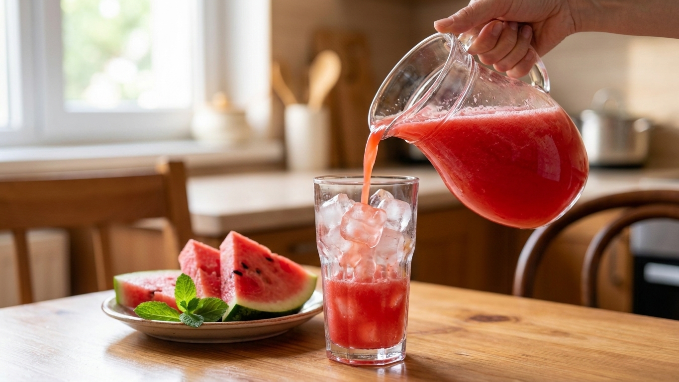 A glass of watermelon juice poured over ice on a simple table setting with a small plate of watermelon wedges nearby