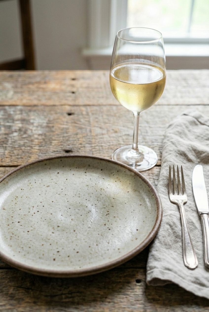 A glass of white wine on a table next to a dinner plate