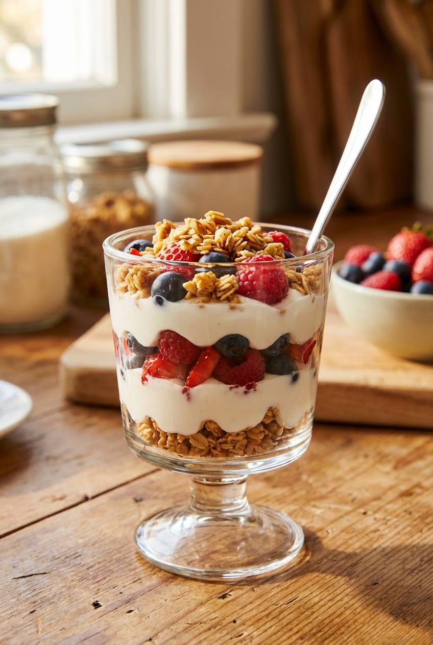 A glass parfait with Greek yogurt, berries, and granola