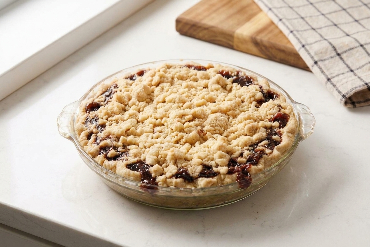 A glass pie dish filled with dark molasses filling and generously covered with pale crumb topping before baking on a kitchen counter