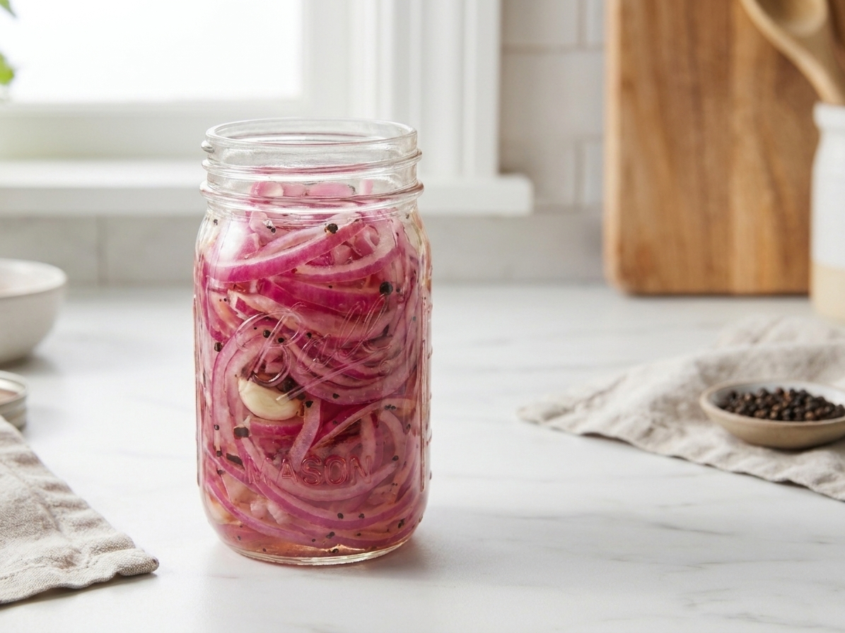 A glass pint jar filled with thinly sliced red onions on a kitchen counter before adding hot brine