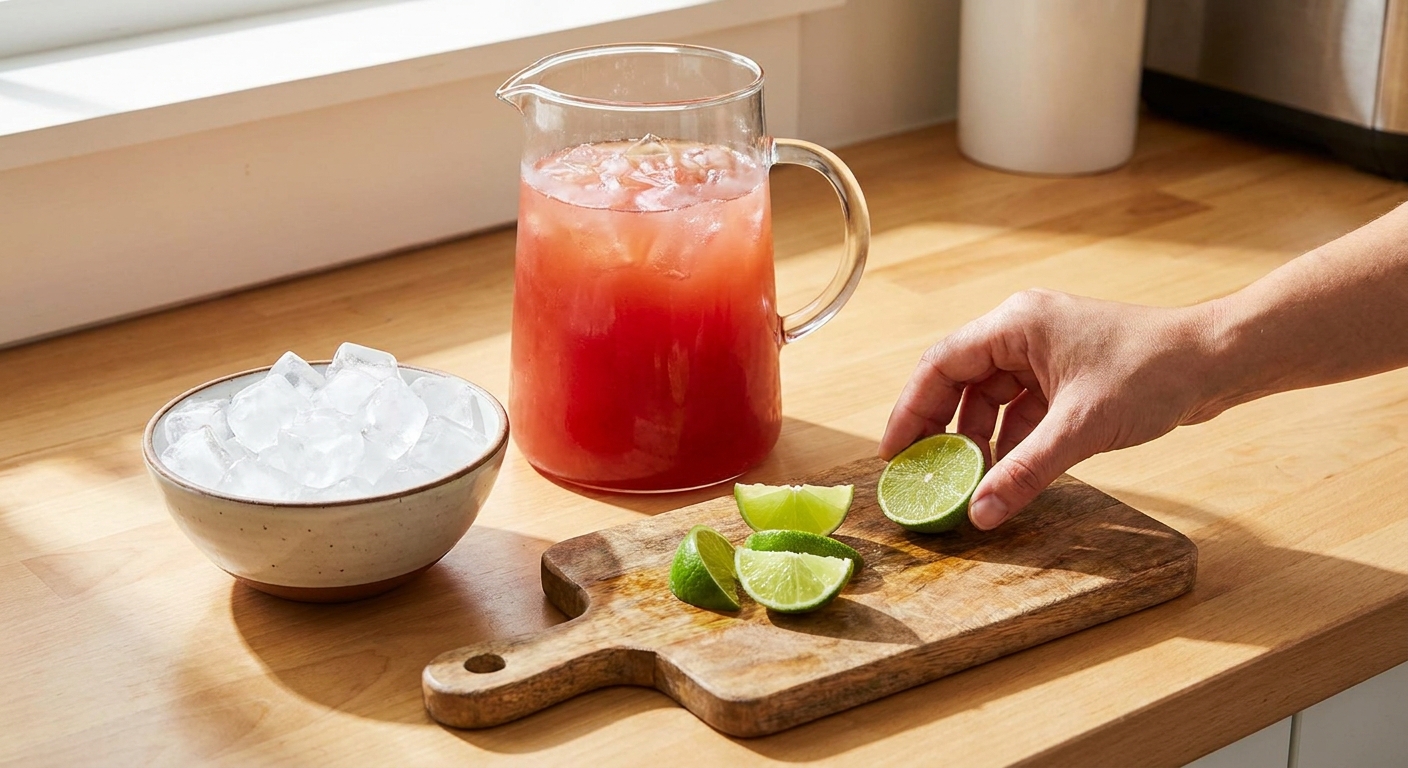 A glass pitcher filled with Malibu Bay Breeze, ice in a separate bowl, and lime wedges on a wooden cutting board on a bright kitchen counter