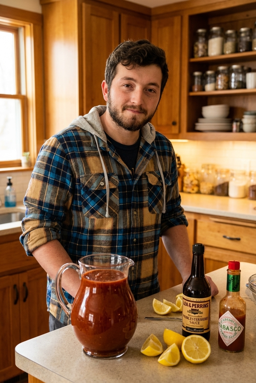 A glass pitcher filled with homemade Bloody Mary mix on a countertop, with fresh lemon wedges, Worcestershire sauce, and hot sauce nearby
