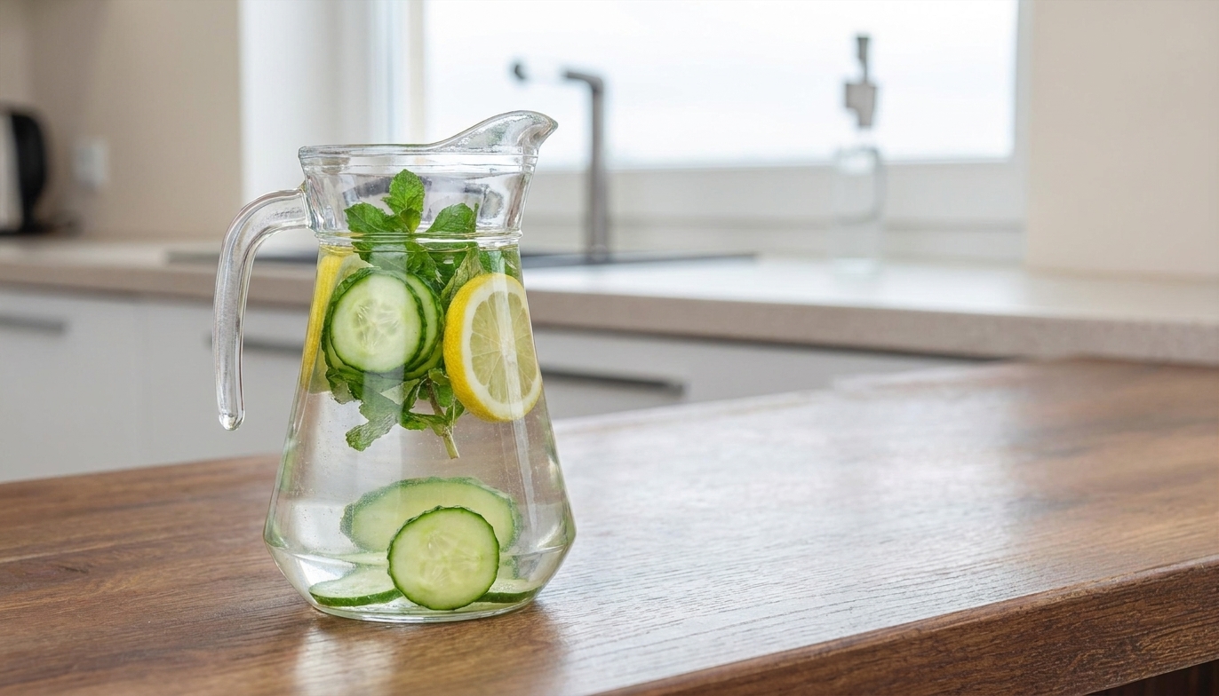 A glass pitcher filled with water, cucumber slices, lemon rounds, and mint on a kitchen counter