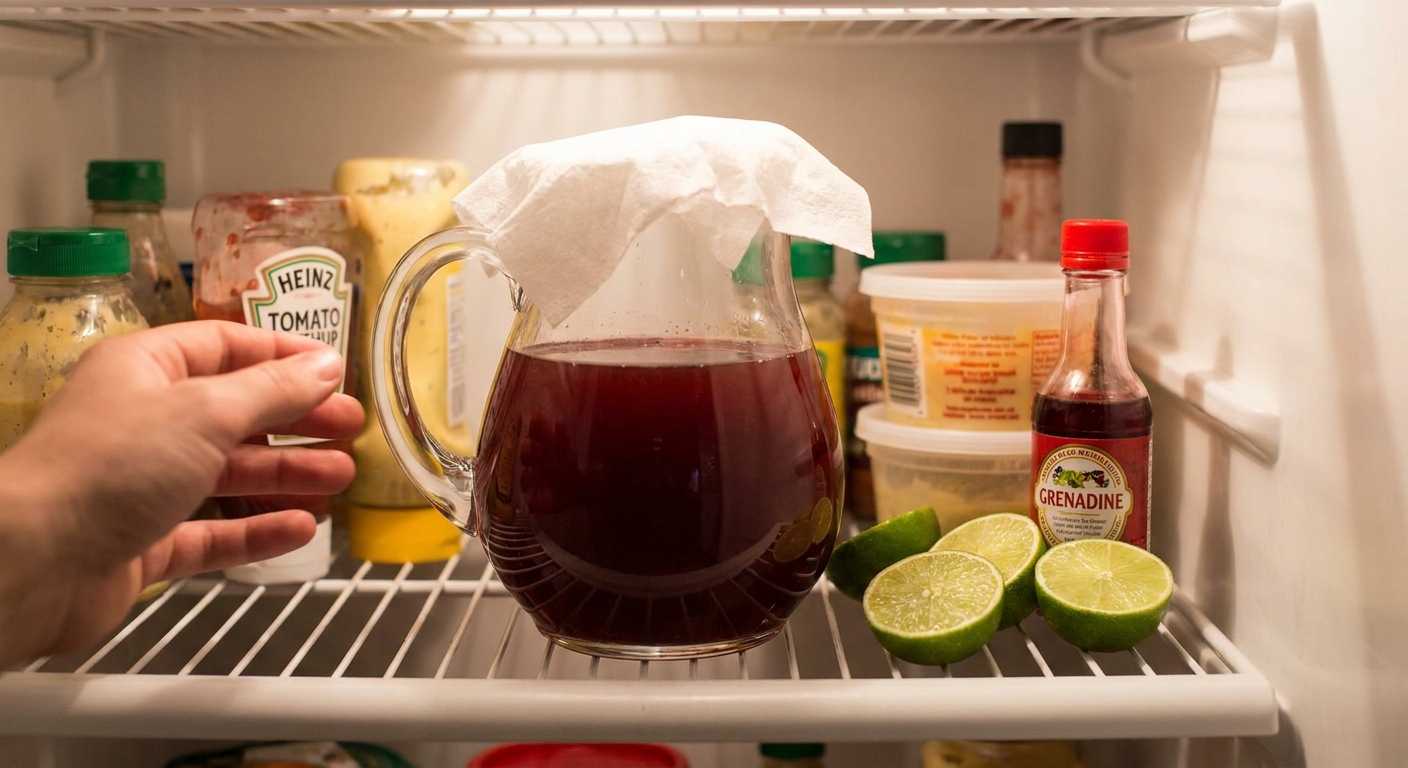 A glass pitcher of Rum Runner mix without ice covered and resting on a refrigerator shelf next to halved limes and a small bottle of grenadine
