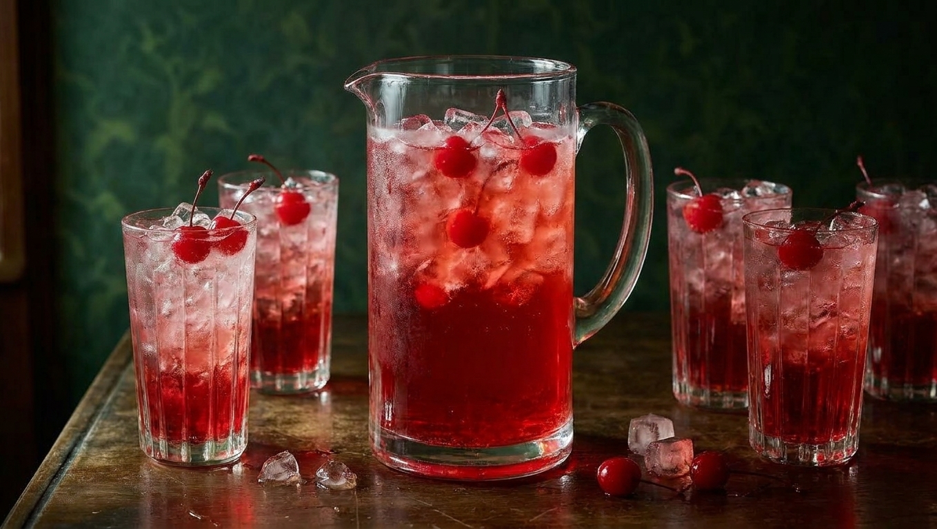 A glass pitcher of Shirley Temples on a dining table with ice, floating cherries, and several filled glasses ready for serving