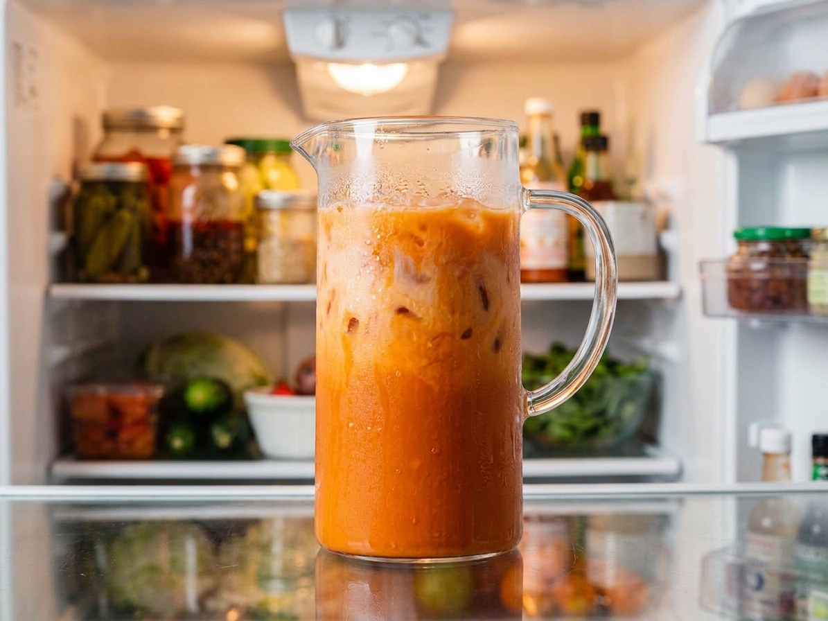 A glass pitcher of amber tea cooling on a refrigerator shelf with condensation on the outside
