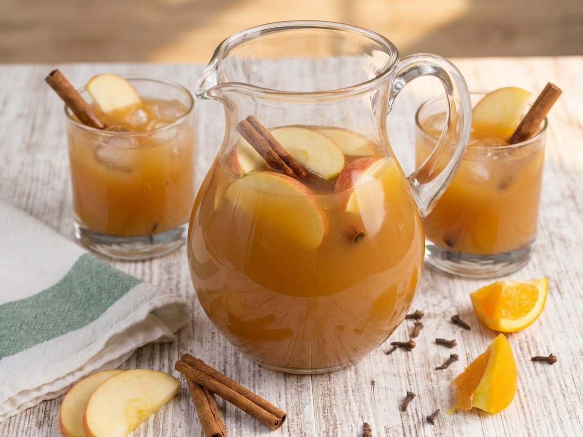 A glass pitcher of apple pie moonshine cocktail with apple slices and cinnamon sticks sitting on a dining table set with glasses and ice