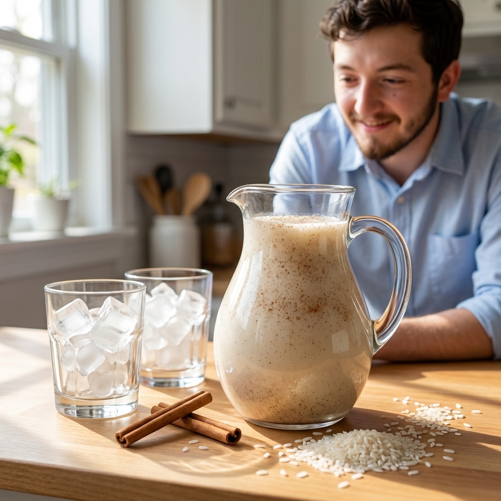 A glass pitcher of creamy horchata with visible cinnamon specks on a sunlit kitchen counter, two ice-filled glasses beside it, and a couple of cinnamon sticks and uncooked rice scattered nearby, photorealistic food photography