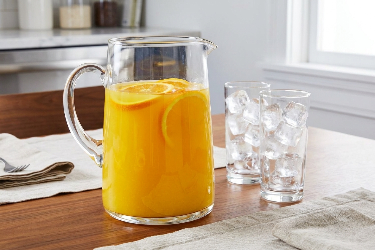 A glass pitcher of fuzzy navel cocktail with orange slices floating inside, set on a dining table with ice-filled glasses nearby