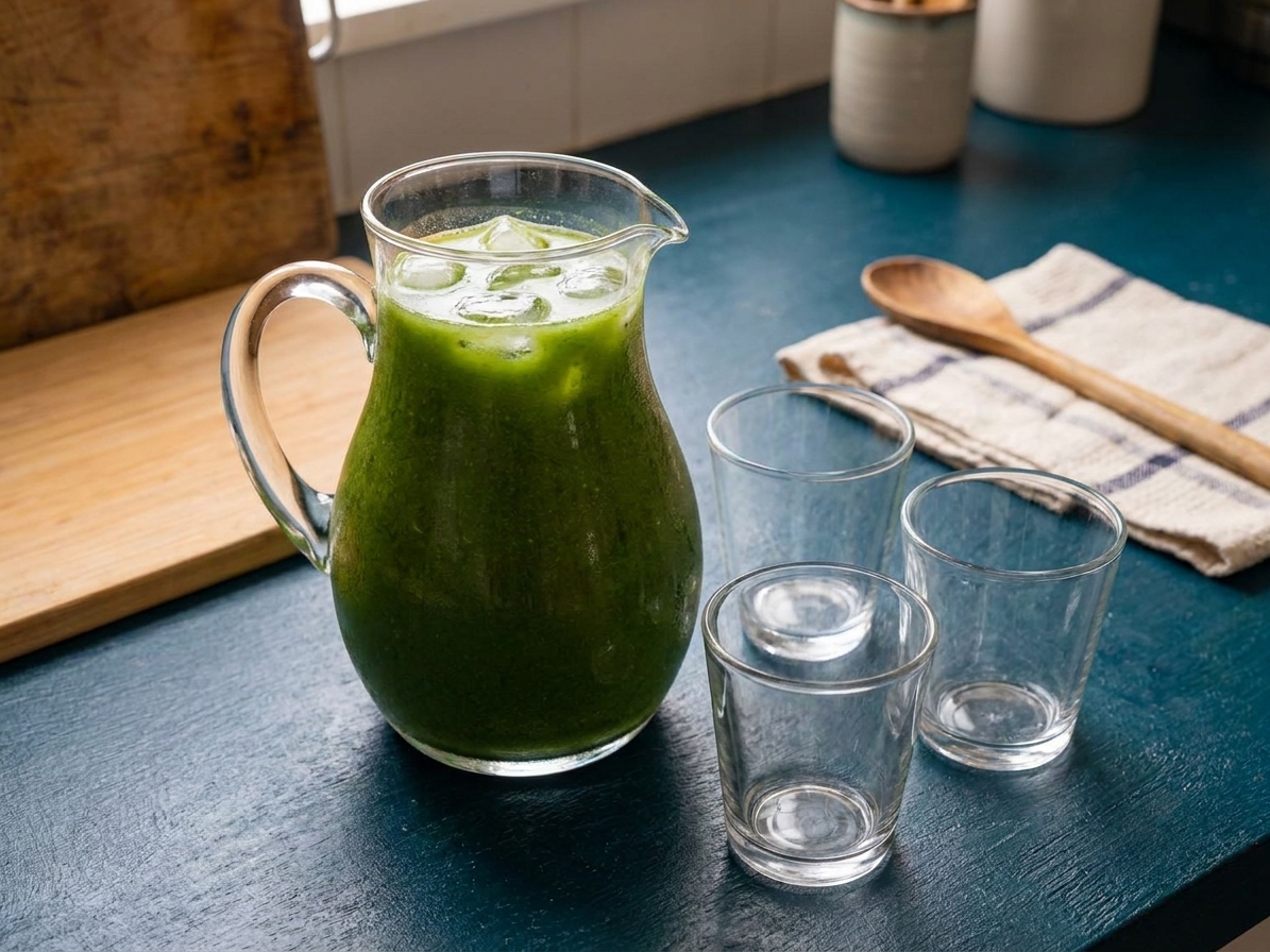 A glass pitcher of green pani with ice cubes on a kitchen counter beside small serving cups