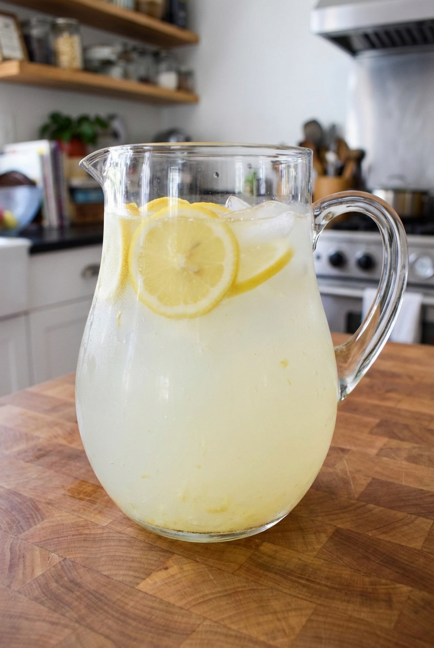A glass pitcher of homemade lemonade on a table with lemon slices and ice floating near the top