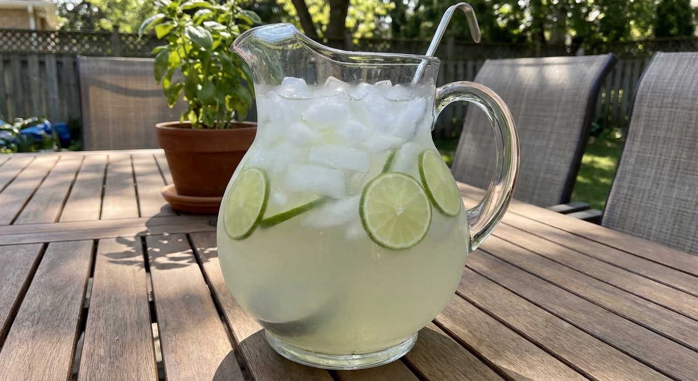 A glass pitcher of homemade lime agua fresca with lime slices and ice on a patio table