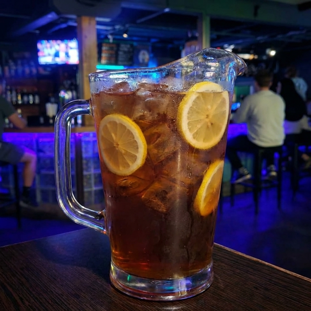 A glass pitcher of iced tea with lemon slices